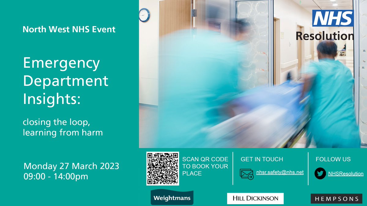 NHSResolution's tweet photo. 📢 We are pleased to be working with our panel firms to co-host an event at @MFTnhs to share learning and insights from #EmergencyDepartment claims.

To join us, please register here➡️https://t.co/J2BNRqD5M6 https://t.co/O0xvRIsl7L