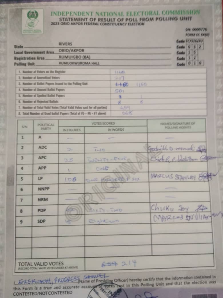 go_globalworld's tweet photo. Evidence of the List of Rivers State election result
LP won in every PU
INEC Just creating the image of June 12 that he can't stand with.

Taking you 2days to Upload results

IT IS DONE 
#TinubusWalkToVictory 
#INECElectionResult  
#ElectionResults 
Arise TV 
Channel TV
The Obi https://t.co/crUaNWNW1D