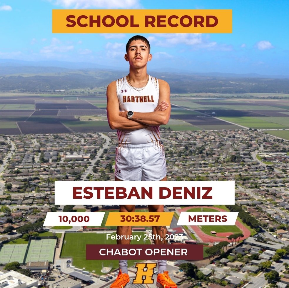 HartnellTF's tweet photo. King City graduate Esteban Deniz broke the 14 year old school record for 10,000m on Saturday at the Chabot Opener running 30:38.57. He lowered the previous record set by Daniel Tapia by 17 seconds.
@KingCityTrack 
@JohnJDevine 
@HartnellAthletc 
@CoastConferenc1 
@CCCAASports https://t.co/lAeNBqaOdI