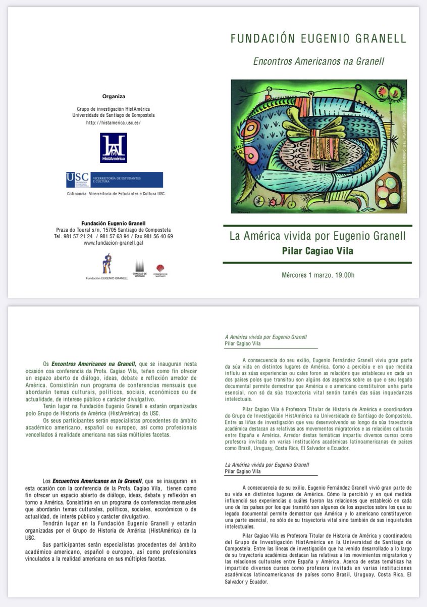 histamerica's tweet photo. 🟢 O mércores 1 de marzo ás 19:00 horas na Fundación Eugenio Granell, a coordinadora de HistAmérica, Pilar Cagiao, ofrecerá a conferencia «A América vivida por Eugenio Granell» dentro do ciclo Encontros Americanos na Granell. 
Se andades por Compostela, non faltedes! @FundGranell https://t.co/znaNSXGQS3