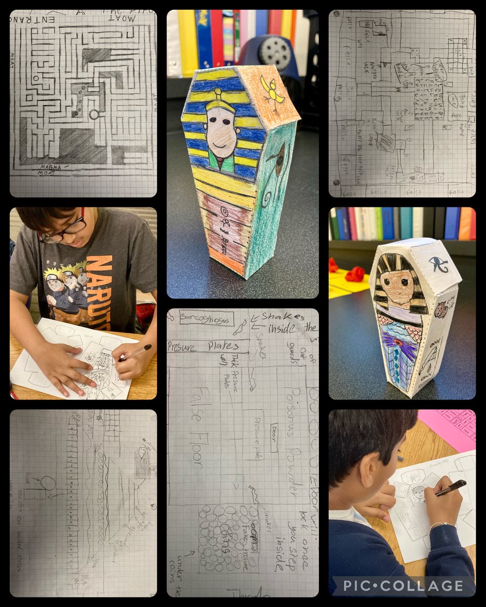 First we designed our personalized sarcophagi, then created blueprints for our pyramids to protect them. QUEST booby-traps can get VERY complicated and clever. 😬 ⁦#estateplanning @jadamseducator⁩ ⁦@LiscanoElem⁩ #MADETOSHINE #FISDElemGT #FISDQUEST #LiscanoEXTRA5