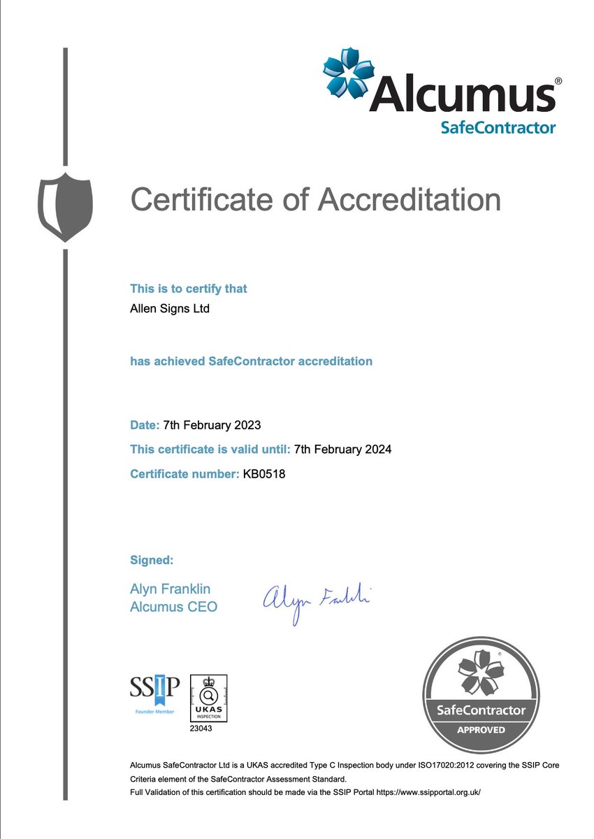 Allen_Signs's tweet image. We are delighted to have achieved Alcumus #SafeContractor status again for another year.

We pride ourselves in carrying out high quality work in a safe and structured way.

This in turns keeps our staff and customers safe and gives them confidence in our work.

@BSGAUK