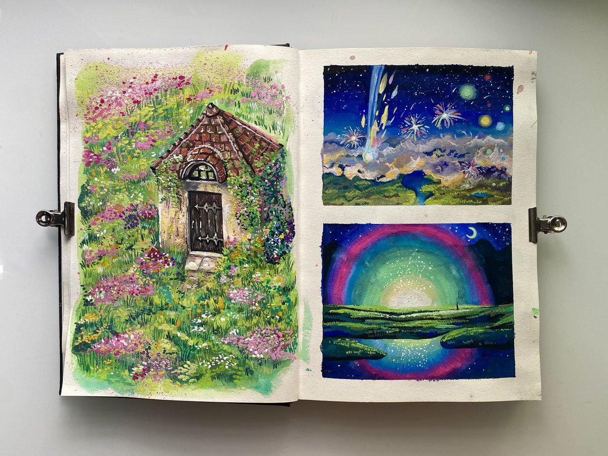 daixykaren's tweet photo. sketchbook spread of different studio ghibli movie scenes https://t.co/8L1P6RsQTT
