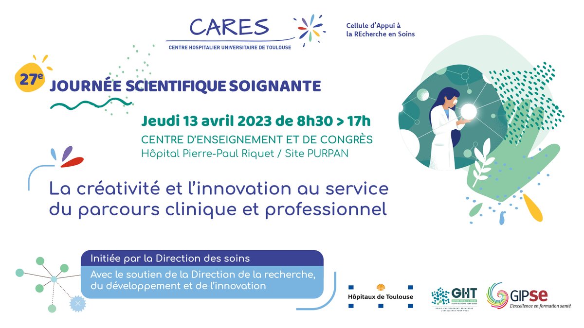 CHUdeToulouse's tweet photo. Retrouvons-nous le jeudi 13 avril 2023 pour la 27e édition de la #journéescientifiquesoignante du CHU de Toulouse, intitulée « La #créativité et l’#innovation au service du parcours clinique et professionnel » !
Plus d'informations sur notre site 👇
https://t.co/81WquTpUQY https://t.co/1EEFAKaa6q