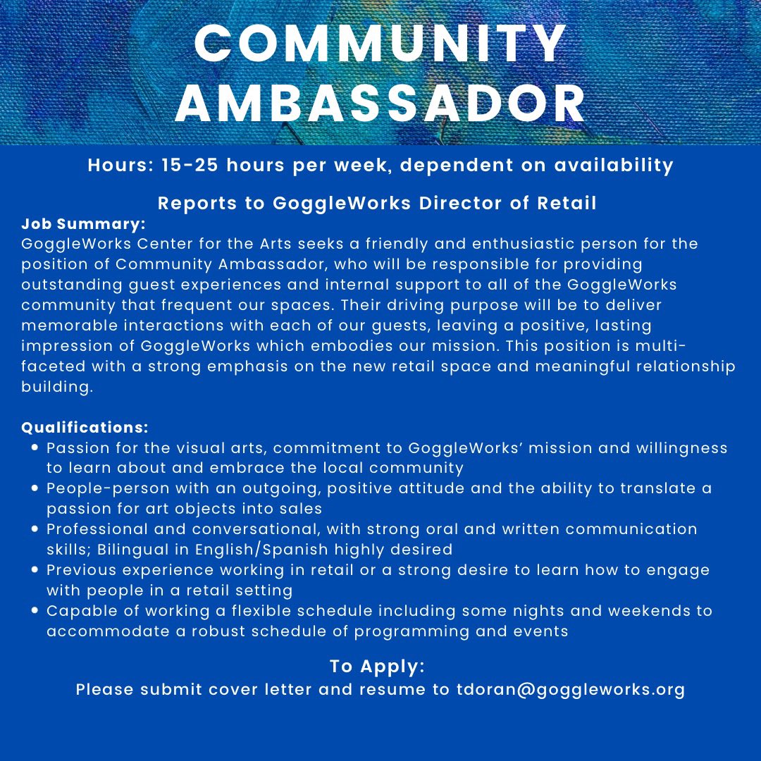 goggleworks's tweet image. GoggleWorks is growing and looking for passionate team members to add to our incredible staff. Swipe to see an overview of each position and go to goggleworks.org for a full job description and apply today!
#goggleworks #jobopportunities #teamwork #jobopening #interviews