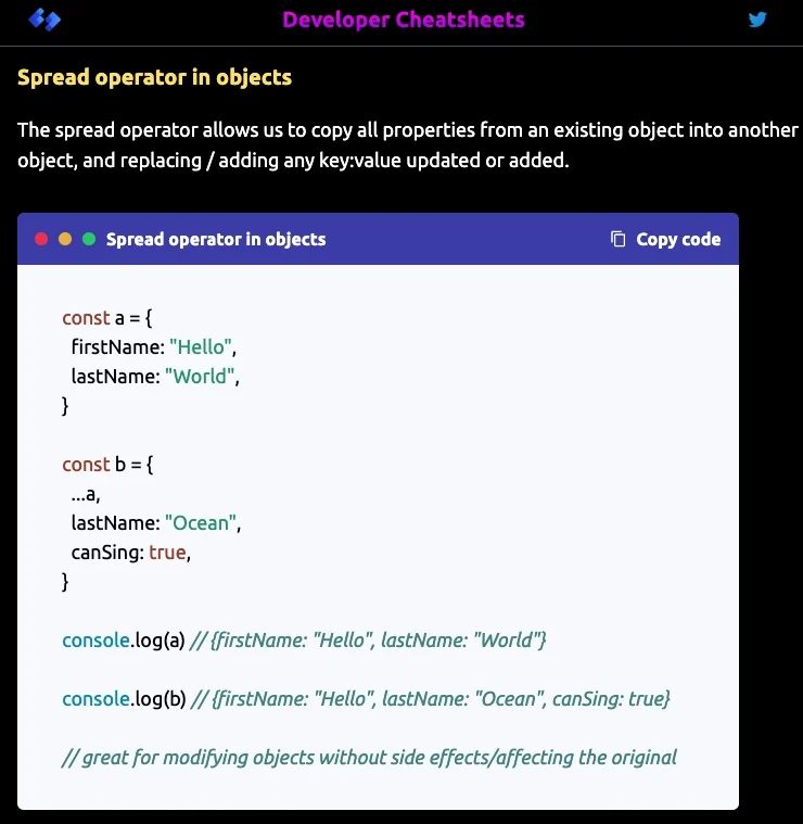 DevCheatsheets's tweet image. Spread operator in objects - daily dose of JS.

Web Dev cheatsheets @ developercheatsheets.com

#webdevelopment #developer #cheatsheets #javascript