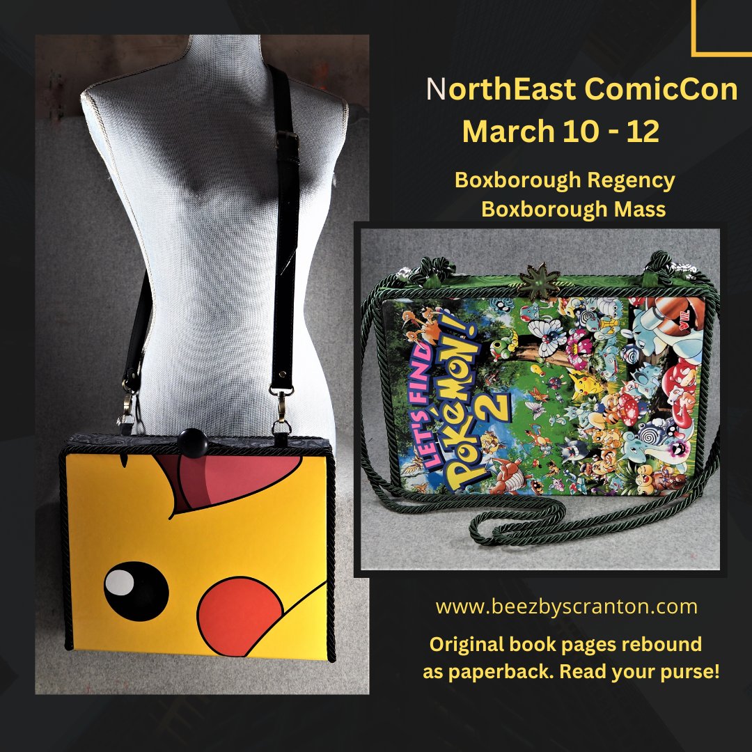 BeeZbyScranton's tweet photo. NorthEast ComicCon on March 10-12 at the Boxborough Regency in Boxborough MA. Remember, all my book purses come with the original book pages rebound as a paperback so you can read your purse! #NEComicCon #NECC #NorthEastComicCon #Pokemon #Picachu #Bulbapedia #Pokedex #popculture https://t.co/GeFsKxxXjD