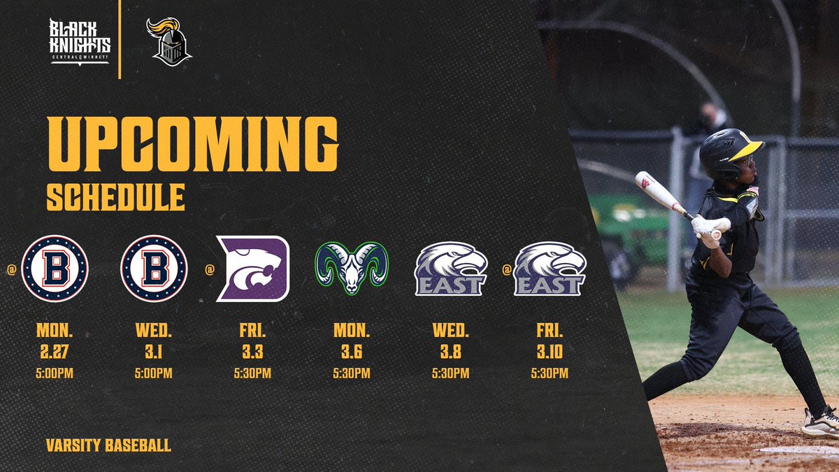 The Black Knights upcoming schedule ⚾️ come support Central Gwinnett at Berkmar tonight ❤️‍🔥