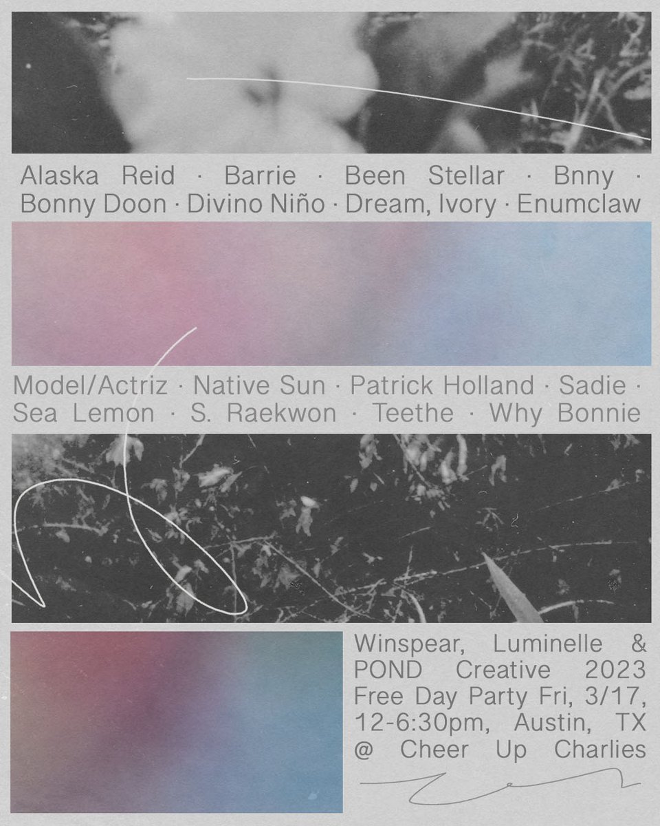 NEW! <a href="/w1nspear/">Winspear</a>, <a href="/luminellerecs/">LUMINELLE</a> &amp; @pond_creative  are throwing a FREE day party during SXSW. The lineup is fantastic!

📅 3/17
📍 <a href="/CheerUpCharlies/">Cheer Up Charlies</a> 
⌚️ 12pm-6:30pm

RSVP - winspear.biz/rsvp

Festival Guide - atxfestivalguide.com