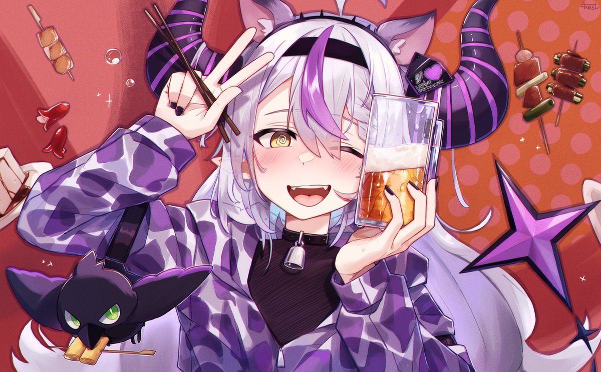 la+ darknesss one eye closed purple jacket animal ears holding food 1girl horns  illustration images