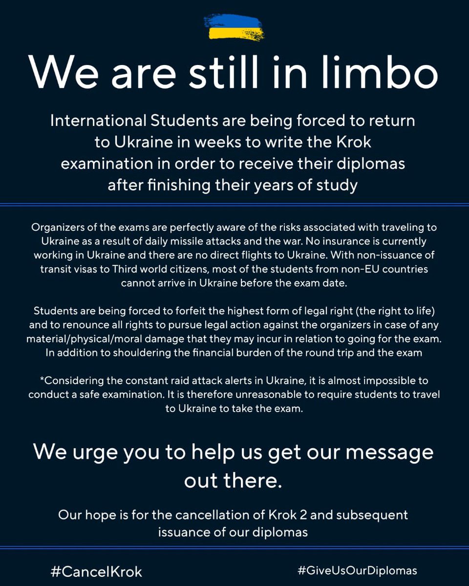 #warinukraine #cancelkrok #GiveUsOurDiplomas

@ZelenskyyUa @olena_zelenska @USAmbKyiv @MelSimmonsFCDO @LGaladza @OMarkarova @DmytroKuleba
@AndriyYermak @r_stefanchuk @KyivPost @BBCNews @DeutscheWelle @DEonHumanRights  @BharadwajSpeaks   @WorldOfAfricaTV @UN @BBCWorld @BBCBreak