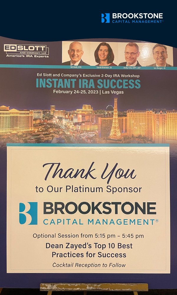 BrookstoneCM's tweet photo. Proud Platinum Sponsor at Ed Slott and Company's #InstantIRASuccess workshop in Las Vegas! Thank you for giving us the opportunity to educate financial professionals who want to elevate their practice. We had a fantastic time ๐. https://t.co/SmU8e1qWDO
