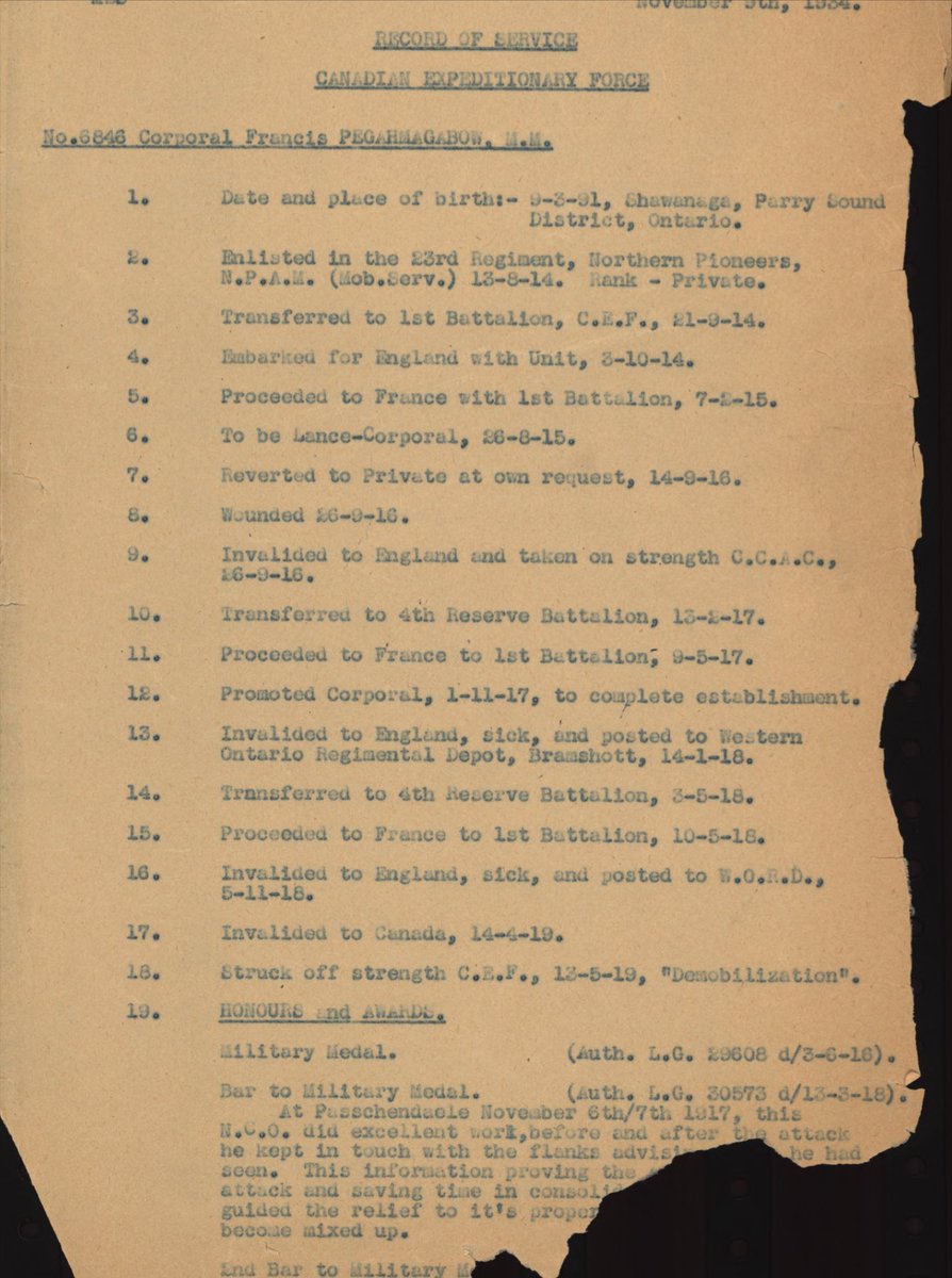 PintyPup's tweet photo. @AlliedArmour @OTDCanMilHis His service record only mentions his MM and then bar.  Details are scant as page is torn.  No citation recommendation card found in his file. https://t.co/FrH1nJ82Hx
