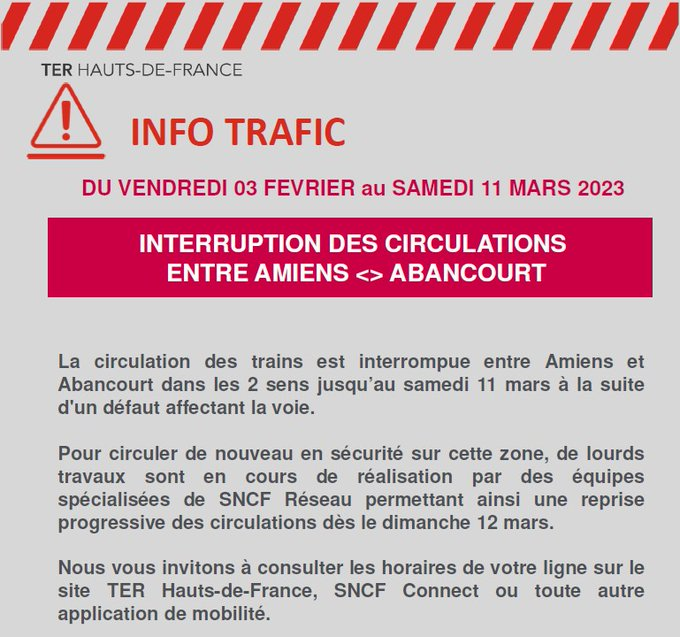 Etienne_45's tweet photo. 🚧 Axe Amiens  Abancourt

Initialement prévu le 5 Mars, le trafic ferroviaire restera interrompu jusqu’au samedi 11 mars afin de permettre à SNCF Réseau d’effectuer les travaux nécessaires après la découverte d’un défaut affectant la voie. https://t.co/5XDvCZ7W68