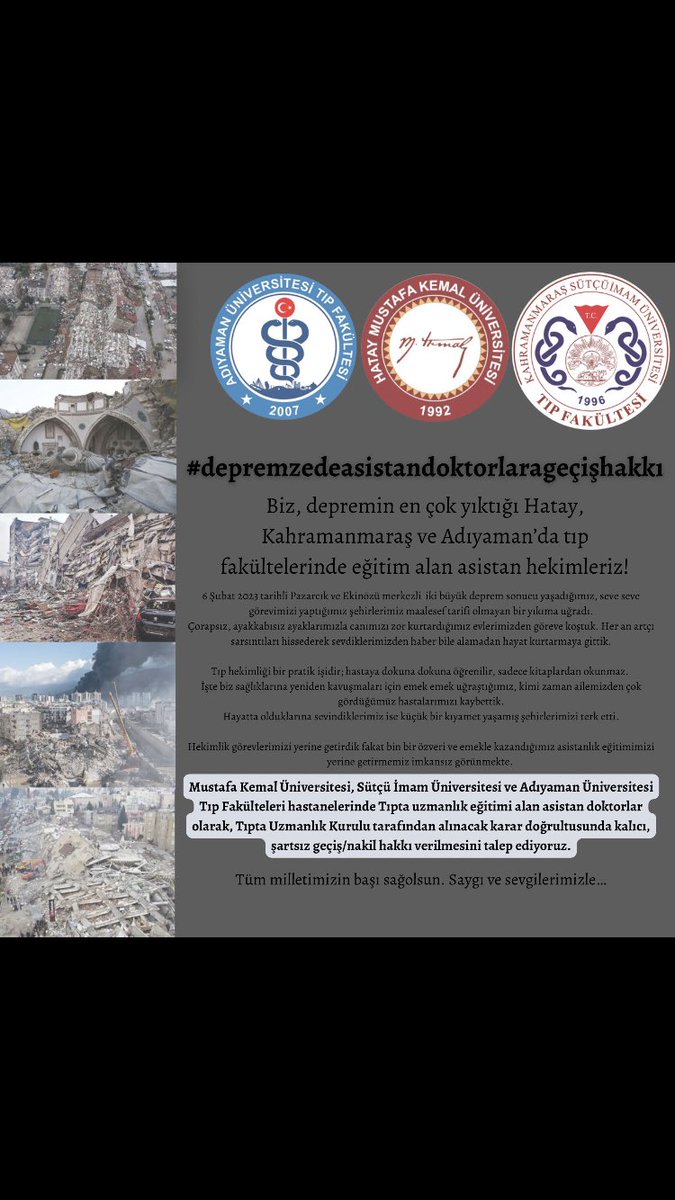Depremzede Asistan Doktorların  eğitimlerine devam edebilmeleri için başka üniversitelere nakil olması gerekiyor. 
#depremzedeasistandoktorlarageçişhakkı 
<a href="/drfahrettinkoca/">Dr. Fahrettin Koca</a>
<a href="/sbhttnaydin/">Sabahattin Aydın</a>
<a href="/rterdogan/">Recep Tayyip Erdoğan</a>
