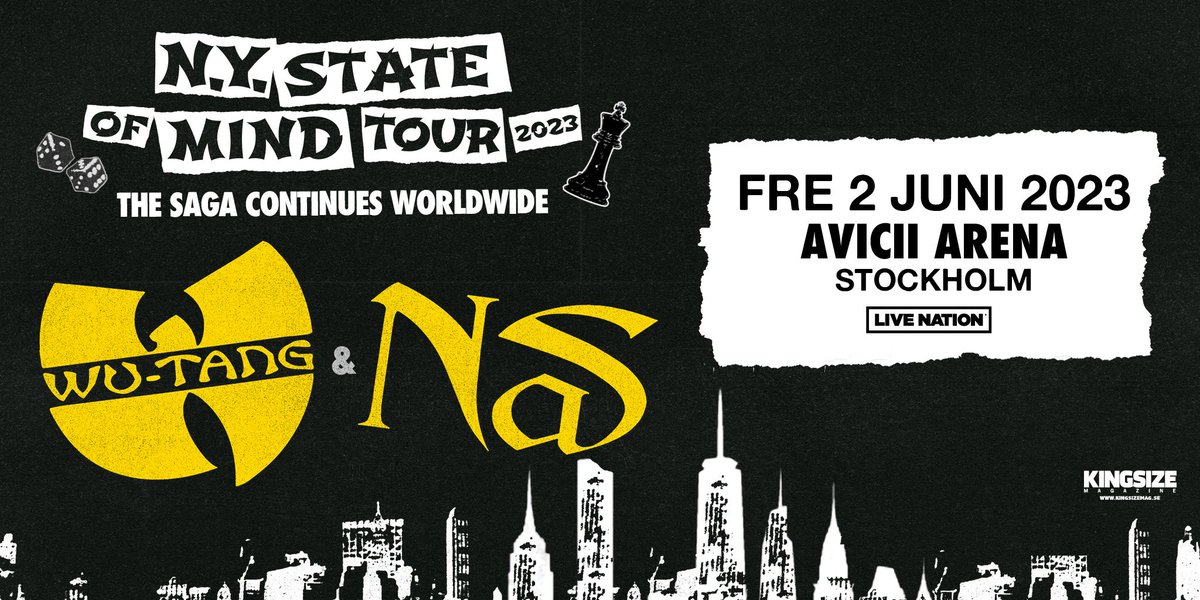Hiphop-ikonerna Wu-Tang Clan och Nas åker ut på den gemensamma turnén N.Y. State Of Mind Tour 2023 och fredag den 2 juni kommer de till Avicii Arena! 👐⁠
⁠
Biljetter släpps på fredag 3 mars kl 09:00 via https://t.co/KuihFAVnZg  https://t.co/eCdcLNmhqr