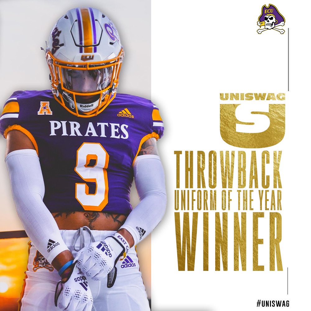 UNISWAG's tweet photo. UNISWAG Throwback Uniform of the Year Winner

The fans have voted @ECUPiratesFB the winner of the 2022 UNISWAG Throwback Uniform of the Year Award!

#uniswag https://t.co/Rw2oIrDEiP