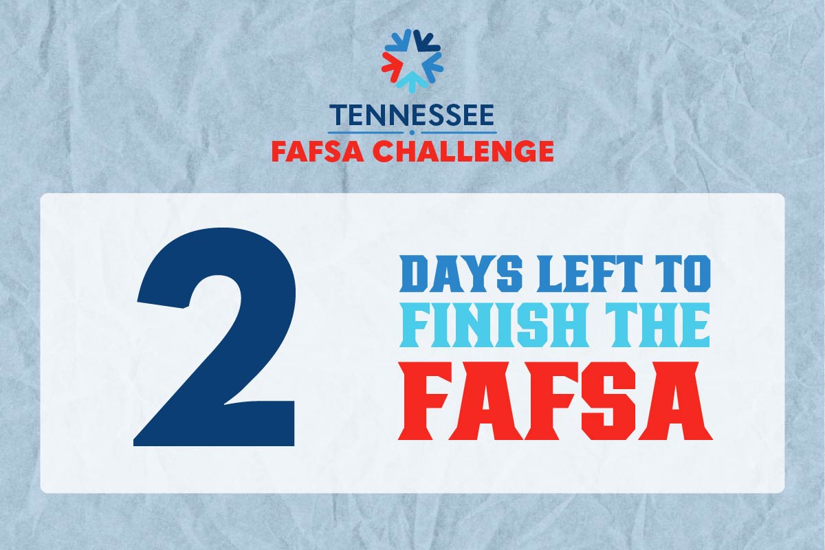 TNHigherEd's tweet photo. This is not a drill! Only TWO days remain to complete the FAFSA for #TNPromise eligibility! #TNFAFSAChallenge
https://t.co/PBjJ8KzL1x https://t.co/z7MqHlbZMO