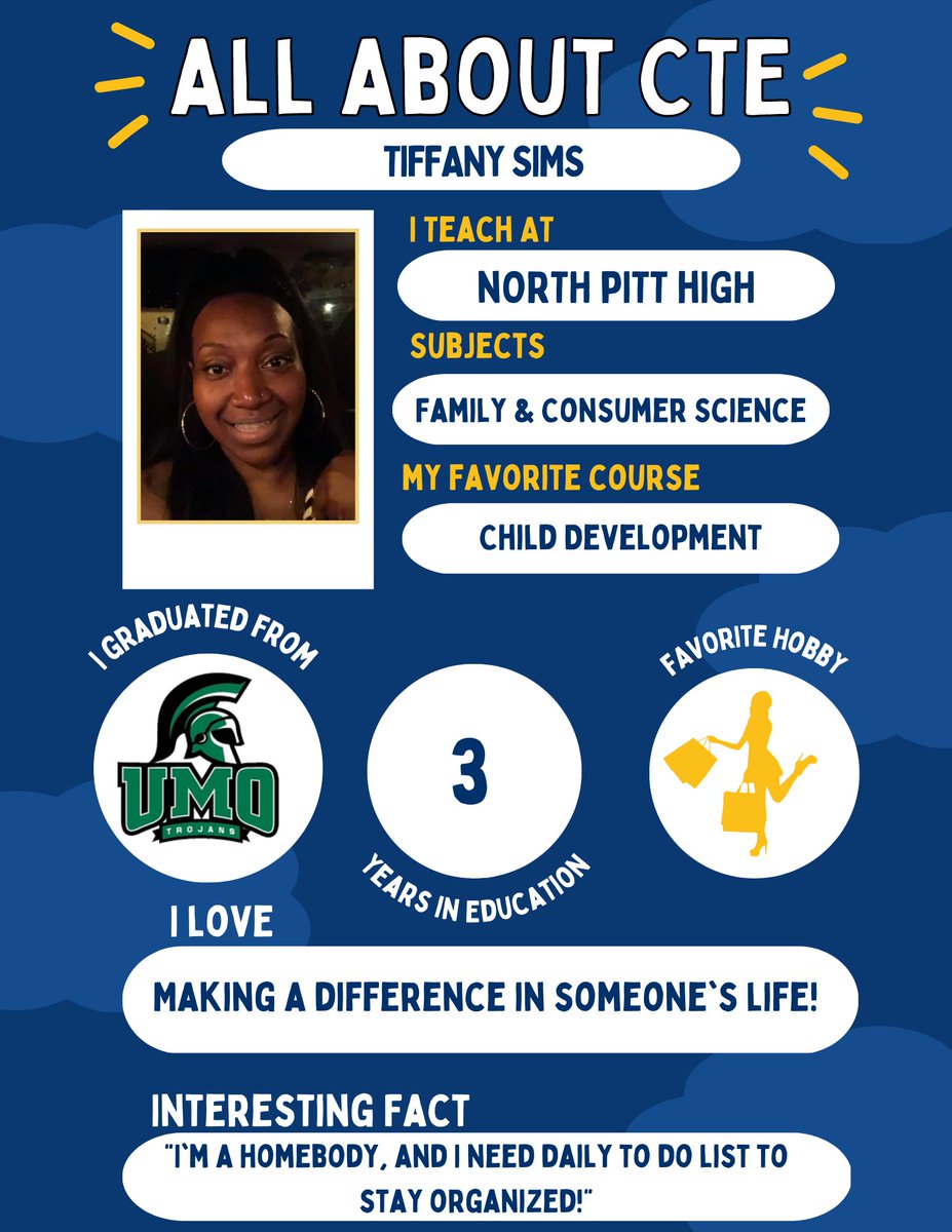 CtePcs's tweet photo. We're finishing out CTE Month recognizing Ms. Sims from North Pitt! #AllAboutCTE #CTEMonth https://t.co/4Pei3QCs0W