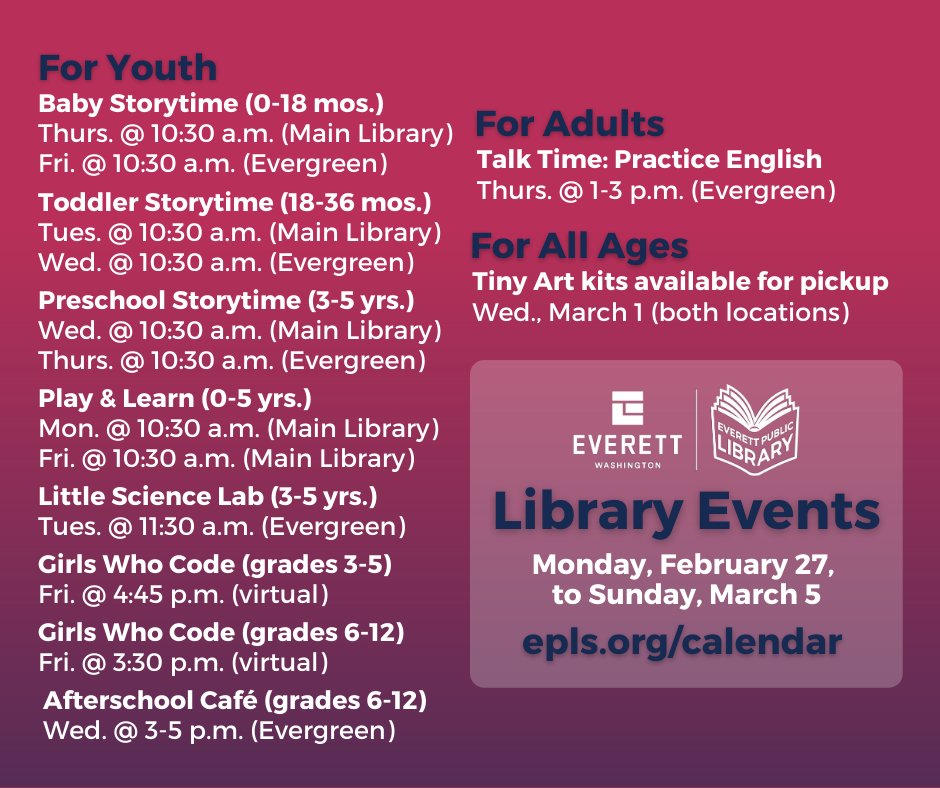 eplsdotorg's tweet photo. Check out what's happening at the library this week! More info at https://t.co/A4YxEvHZSz.
#EverettWA #GoodThingsHappenHere https://t.co/LcTC2khd6C