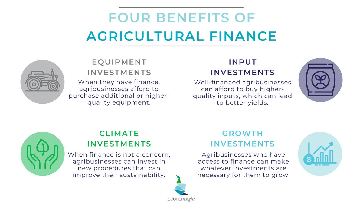 #Accesstofinance can bring many benefits for #agribusinesses! 💰 For agribusinesses to grow, they need to be able to access enough finance to make the necessary investments in their business. Here are four of the benefits that agricultural finance can bring to agribusinesses!