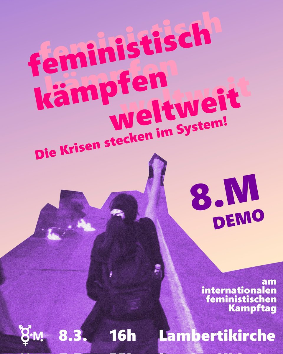 Unter dem Motto "feministisch kämpfen weltweit" gehen wir am 8. März, dem internationalen Frauenkampftag, auch in Münster auf die Straße! 🔥
Unsere Demo startet um 16 Uhr vor der Lambertikirche.
#feministischerkampftag #8M2023 #8M #JinJiyanAzadi