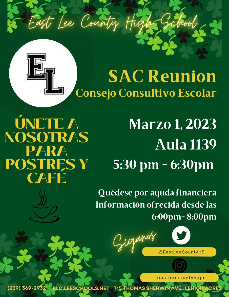 EastLeeCountyHS's tweet photo. Atención familias de nuestra escuela: únase a nosotros para postres, café y conversaciones este Miércoles a las 5:30 p.m. Quédese para la Noche de Ayuda Financiera después de la reunión de SAC 😃 https://t.co/ns1971h8rX