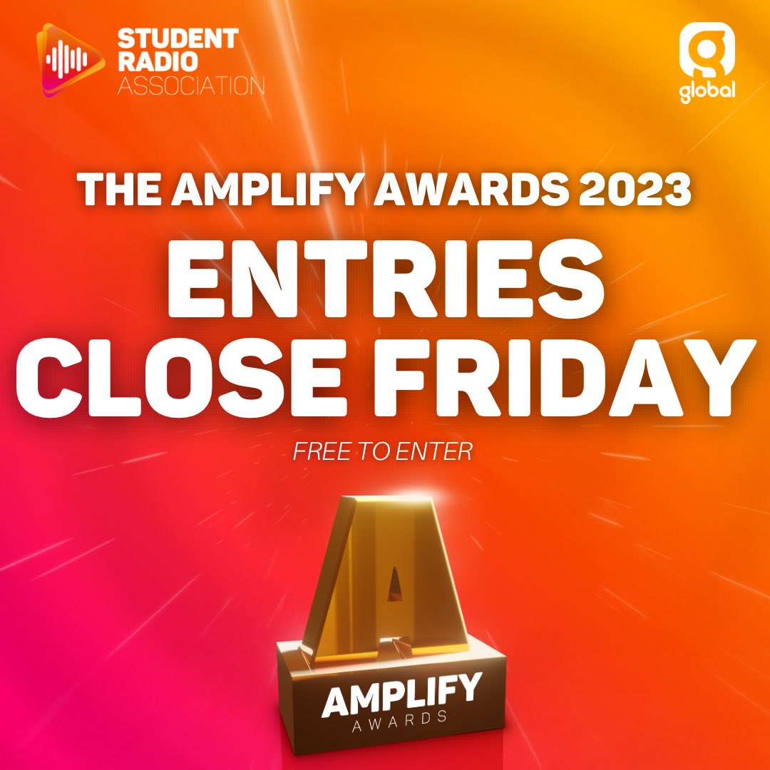 The Amplify Awards 2023 supported by Global are here, and you have until THIS FRIDAY to enter! 

The Amplify Awards are completely free to enter, and they celebrate your passions and achievements in student radio, both on and off air! 

Enter now: studentradio.awardsplatform.com