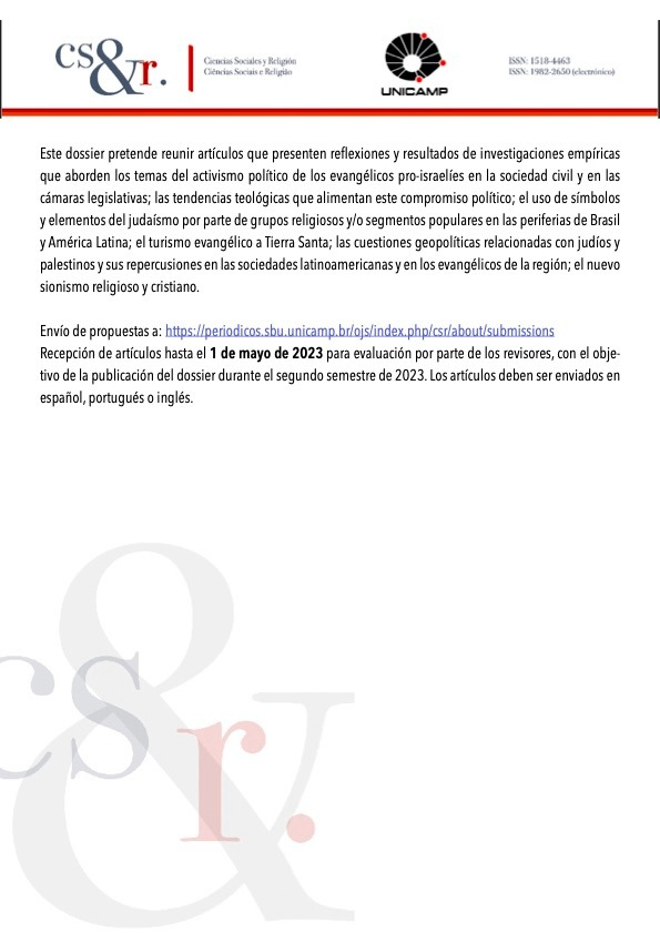 Cehilanet's tweet photo. Convocatoria de Dossier: Sionismo cristiano en América Latina. Revista Ciencias Sociales y Religión. https://t.co/2WcYCa8lhq