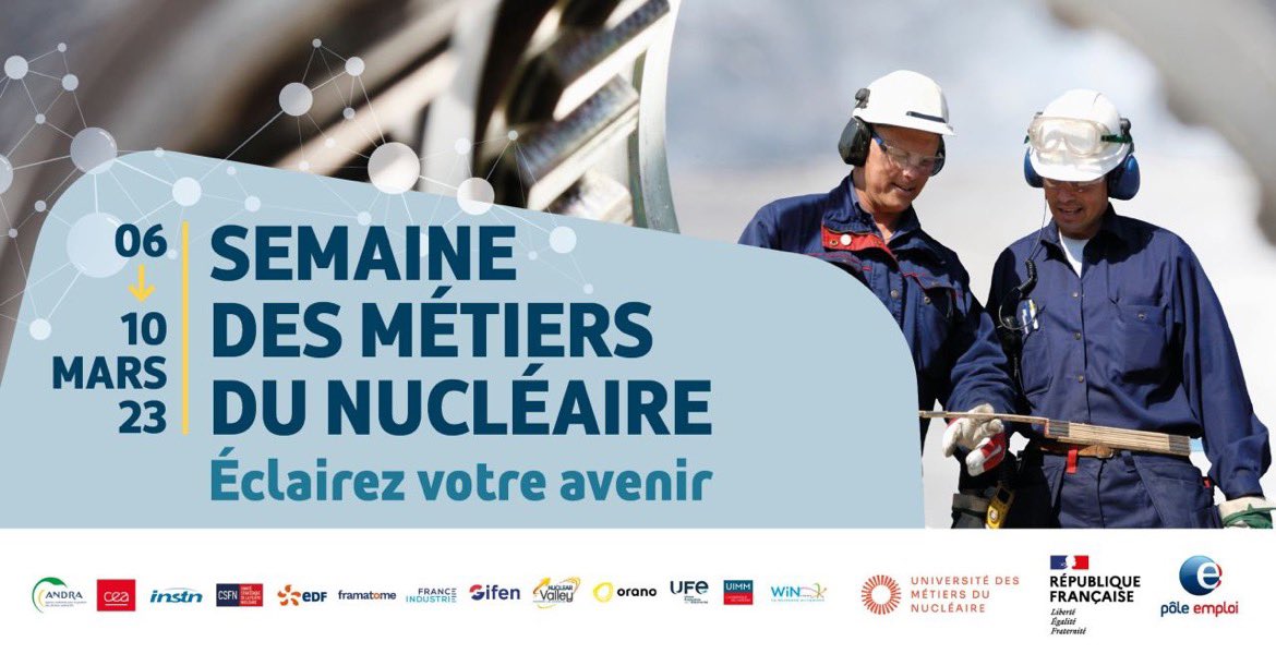 TOUBEAUfred's tweet image. 📅 Du 6 au 10 mars a lieu la première semaine des métiers du nucléaire ! 👷‍♀️👷‍♂️
Venez découvrir les métiers et les formations ! 
Pour tout savoir et s’inscrire, c’est ici !
👉 lnkd.in/e89DHwbh (🔍filtrer dans « operation » « semaine du nucléaire »)
@poleemploi_ara