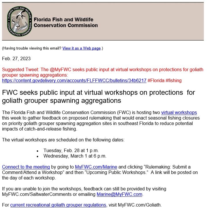 FlGuidesAssoc's tweet photo. Important meeting coming up on goliath grouper! We will have some of your FGA board members their representing you! 
#FGA #FloridaGuidesAssociation #GoliathGrouper #FWC https://t.co/gP0dLiz90z