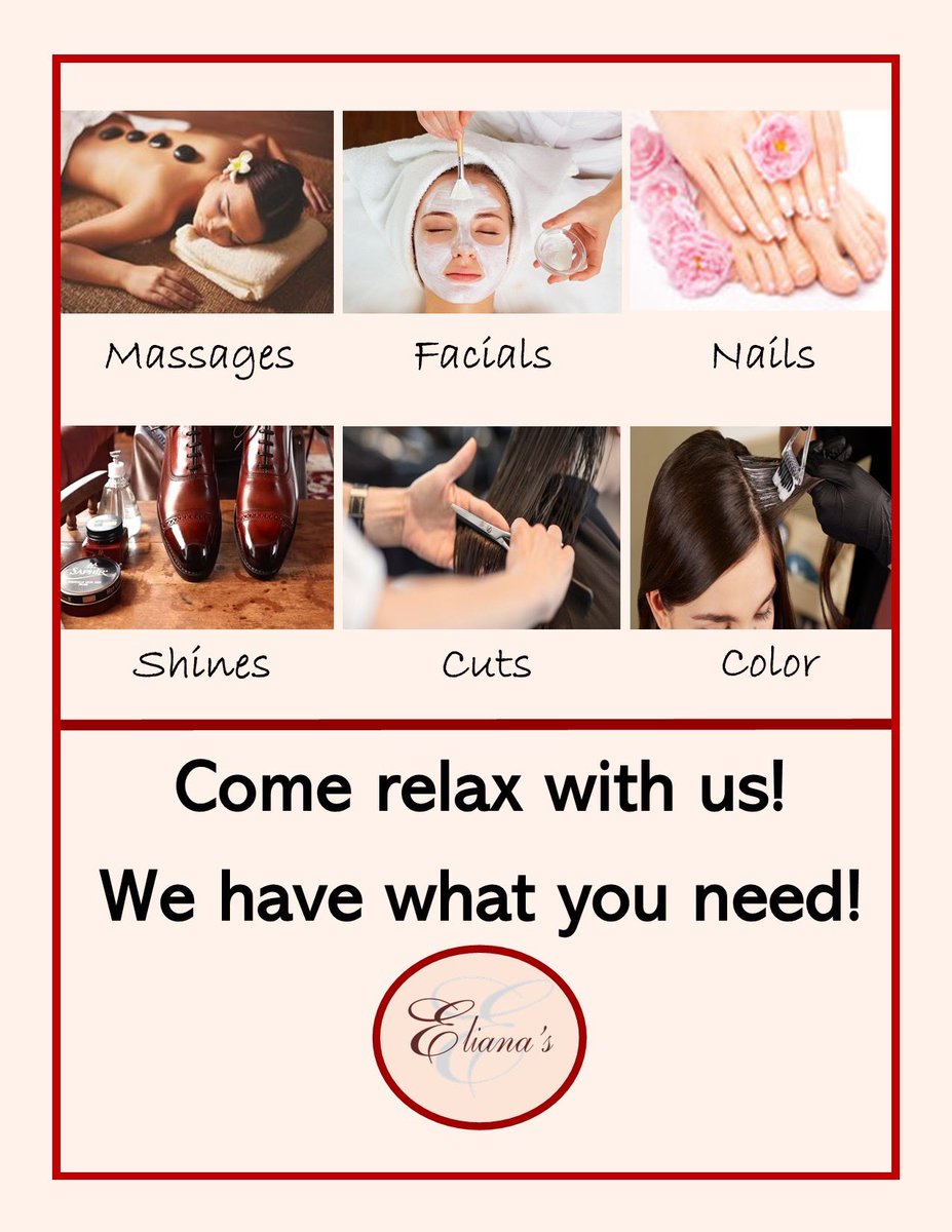 Here is a reminder of some of the services that we provide at Eliana's Salon!

#HoustonSalon #HoustonSpa #Salon #Spas
#HairCare #Manicure #Pedicure #Facial
#Massage #HoustonHairStylist
#HoustonNails #HoustonTX