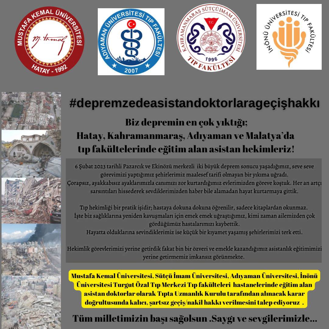 KayaMuge's tweet photo. Depremzede asistan doktorların yaşamlarını idame ettirebilmeleri ve eğitim haklarını kullanabilmeleri için geçiş haklarına izin verilmelidir.
#depremzedeasistandoktorlaragecishakkı 

@drfahrettinkoca 
@saglikbakanligi 
@RTErdogan 
@ativittta 
@SbhttnAydin https://t.co/SfWxXLoy4o