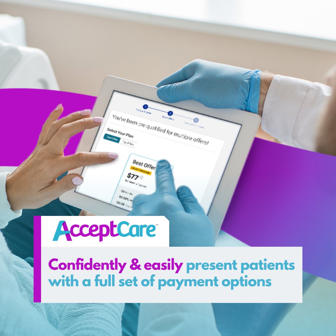 accept_care's tweet photo. Simplify your payment process, ensure smooth case presentation, and reduce patient anxiety with AcceptCare! 

Our goal is to provide your patients with an easy-to-use platform that offers a variety of treatment options. 💻💳

#acceptcare #dentistryworld #carecredit #dentalfinance https://t.co/S401adL1Nl