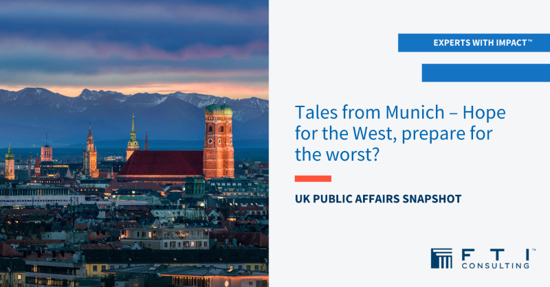 FTI_SC's tweet photo. The 59th @MunSecConf offered an intriguing take on the tense international political landscape and the important implications that may emerge for the European defence industry. Read the analysis from our UK Public Affairs team ⬇ #UKPolitics #Munich