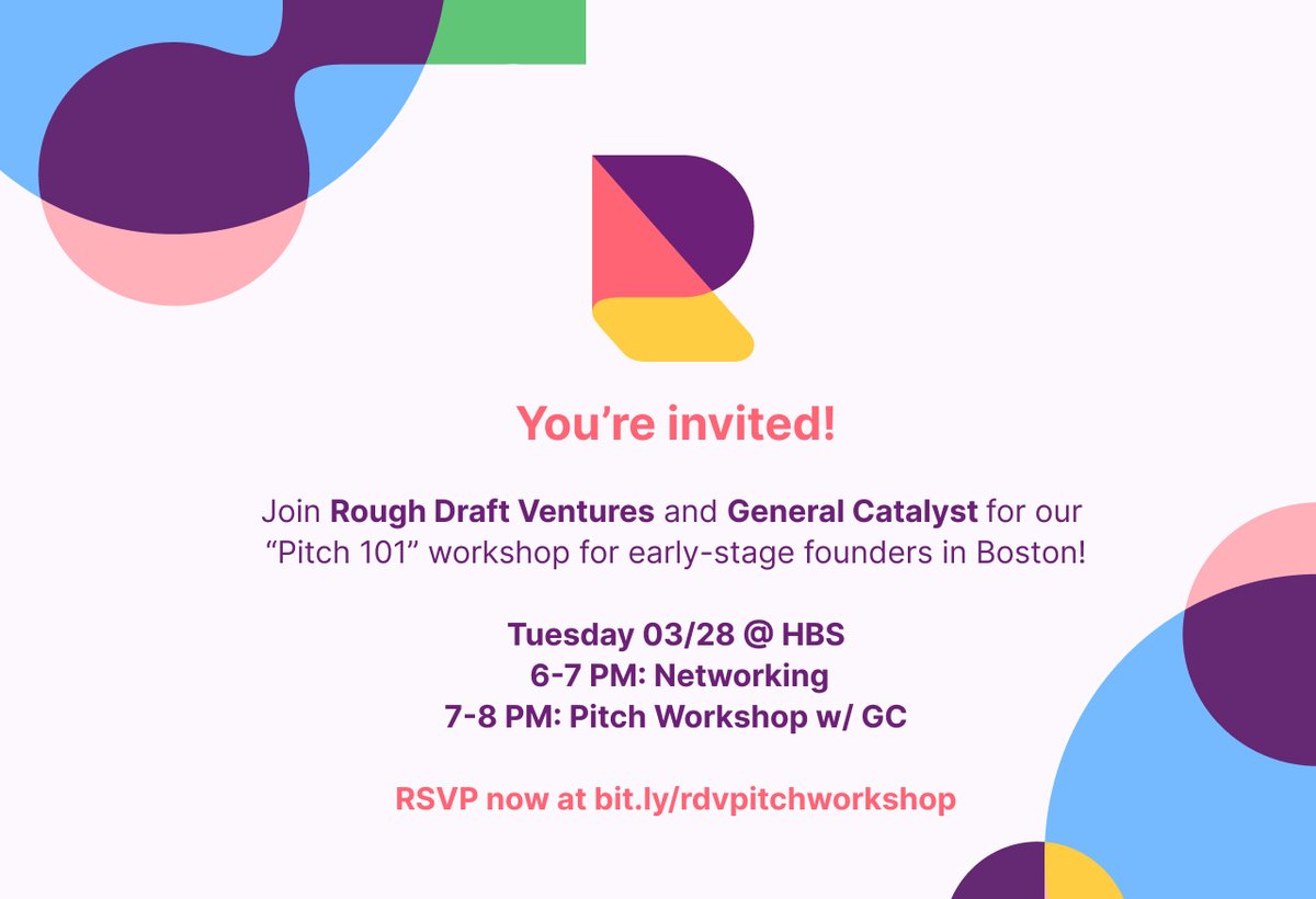 Calling all early-stage founders in Boston! Join us to learn more about how to pitch to pre-seed investors, what investors want to see at this stage, and how to manage investor relationships. We have limited spots so RSVP for a seat at bit.ly/rdvpitchworksh… @roughdraftvc