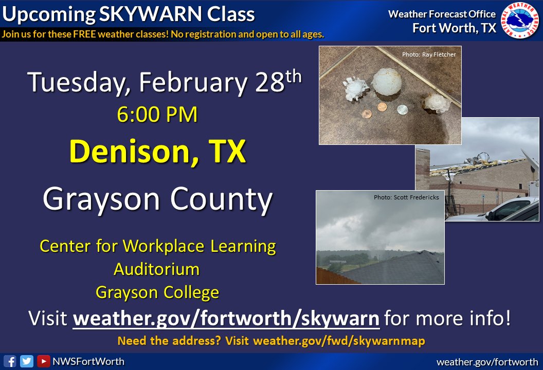 Join us this Tuesday for the Grayson County SKYWARN storm spotter training class! The class will begin at 6 pm in the Center for Workplace Learning Auditorium in Denison, and it is FREE and open to anyone who would like to attend. We hope to see you there! #txwx