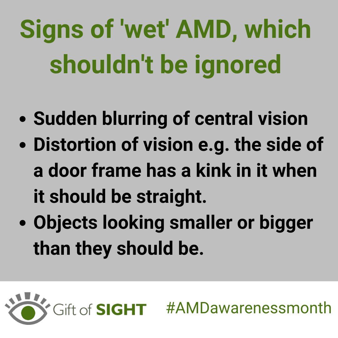 giftofsight1's tweet image. As we reach the end of #amdawarenessmonth here’s a reminder to visit the opticians or eye unit as soon as you notice any changes in your vision. Any delay in being diagnosed with ‘wet’ AMD can lead to permanent sight loss. giftofsight.org.uk/eye-conditions…