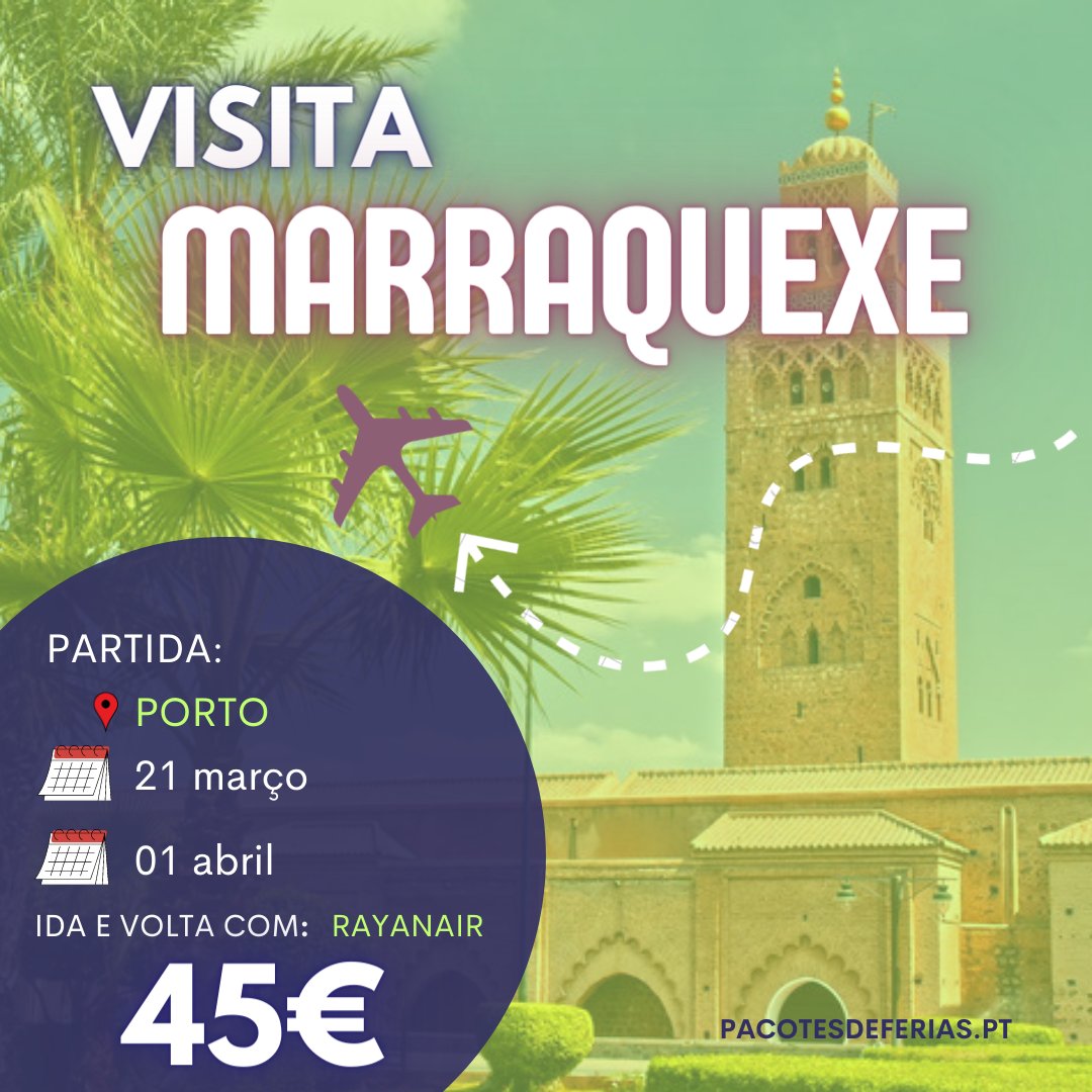 queroviajar's tweet image. 💥PORTO - MARRAQUEXE - PORTO💥
Reserva JÀ. Abres a página
✈️ pacotesdeferias.pt/passagens-aere…
▶️ Colocas a “partida”
▶️ Colocas o “destino”
▶️ Colocas estas “datas”
🙋 Boa Viagem ✈️
#passagensaereasbaratas