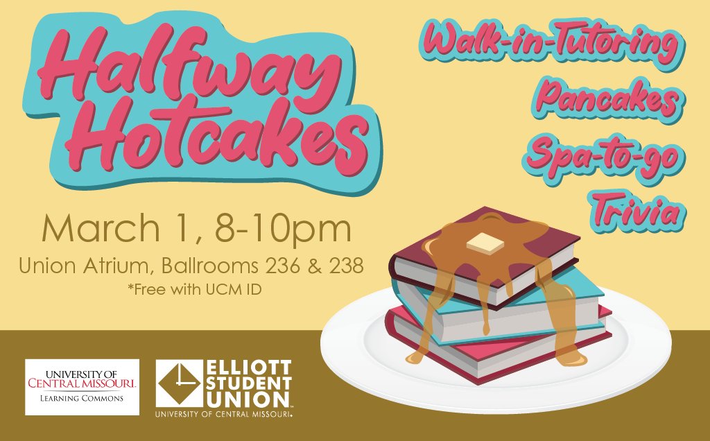 The spring semester finish line is in sight which means only one thing: It’s time for Halfway Hotcakes! We’ll have walk-in tutoring with the Learning Commons, free pancakes, spa-to-go bags and a round of trivia! See you Wednesday from 8-10 PM in the Union Atrium, 236 &amp; 238 🥞 📚