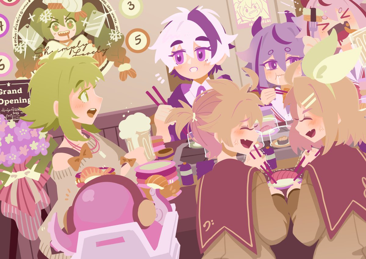 gumi ,kagamine len ,kagamine rin multiple girls chopsticks purple hair green hair purple eyes bow holding  illustration images