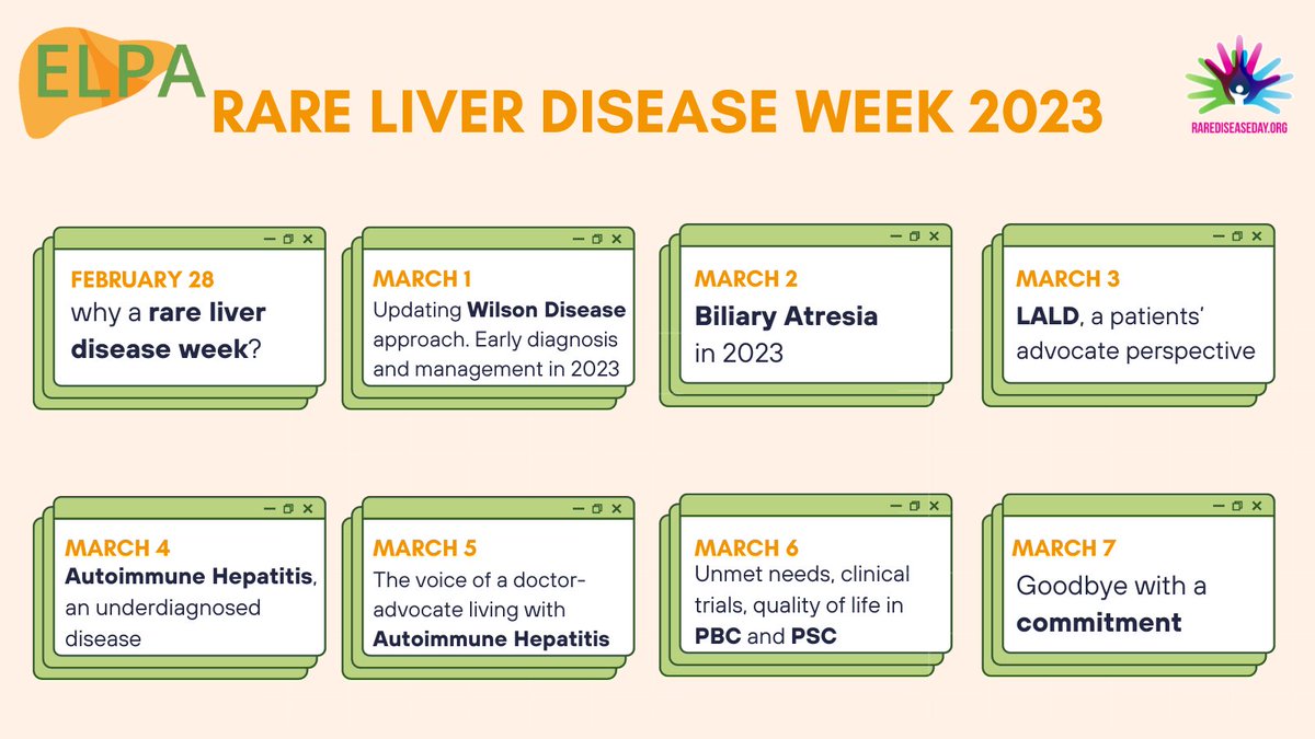 EuropeLiver's tweet photo. The ELPA #RareLiverDiseaseWeek is about to start. Have a look at what we have in store for you, and be ready to share, debate, and comment. Rare diseases are rare by definition, but rare disease patients are many. #RareDiseaseDay @EU_Health @rarediseaseday @eurordis @EASLnews https://t.co/pHyGyhouT5