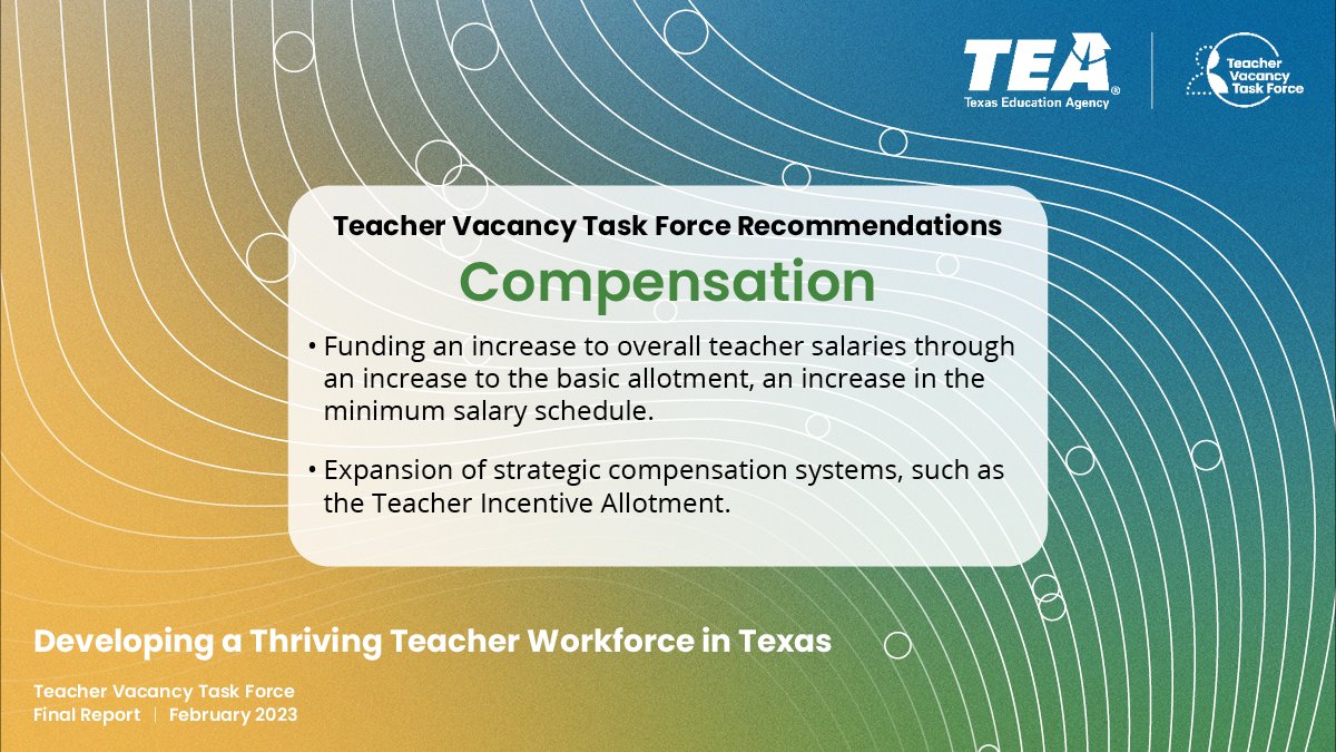 teainfo's tweet image. “Strong student outcomes and a qualified future Texas workforce are not possible without effective teachers.” 

Dive into the details of the Teacher Vacancy Task Force’s recommendation for compensation. Read the full Report: tea.texas.gov/tvtf

#txed