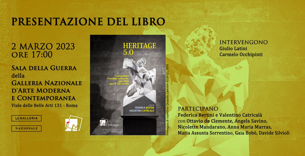 2 marzo, ore 17:00, Sala della Guerra della <a href="/Galleria/">The Galleria of H-Town</a> Nazionale d'Arte Moderna, presentazione in anteprima del volume 🔹HERITAGE 5.0🔹 a cura di Federica Bertini e Valentino Catricalà.
*
deimerangoli.it/shop/heritage-…