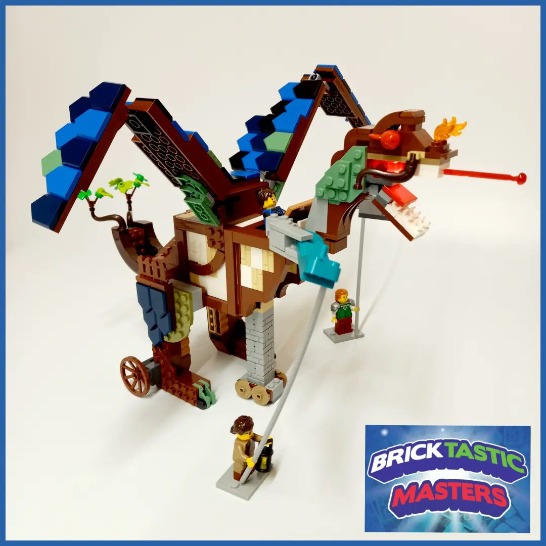 sprguinness's tweet photo. Here's my dragon from the Bricktastic Masters competition. Built in 90min with pieces from the Medieval Blacksmith set. Ready to Joust his opponent with a brick separator! #LEGO #bricktastic #noinstructions #afol #freebuild #competition #creativity #play https://t.co/fnzneRwKjS