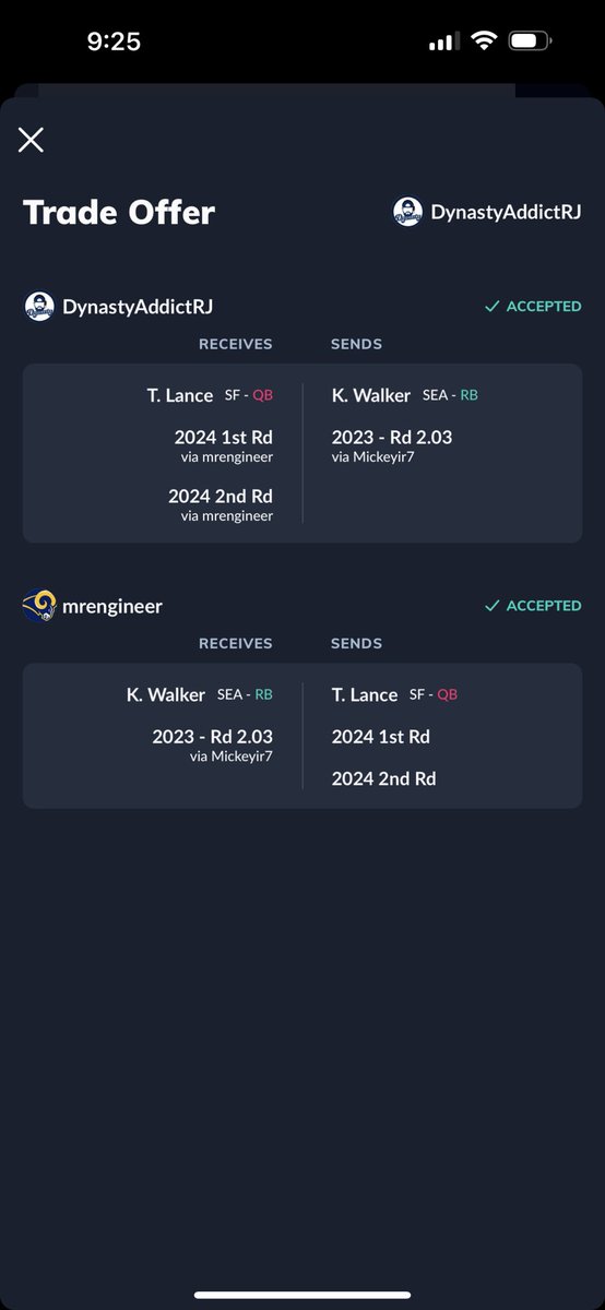 dynastyaddict_'s tweet photo. Plane grounded on flight to SF so I’m going to post some recent trades…comment some of yours and I’ll give my take. 

Check first comment to see breakdown of this Kenneth Walker and Trey Lance trade! 

@MyFantasyLeague https://t.co/xBU6RkZZSB