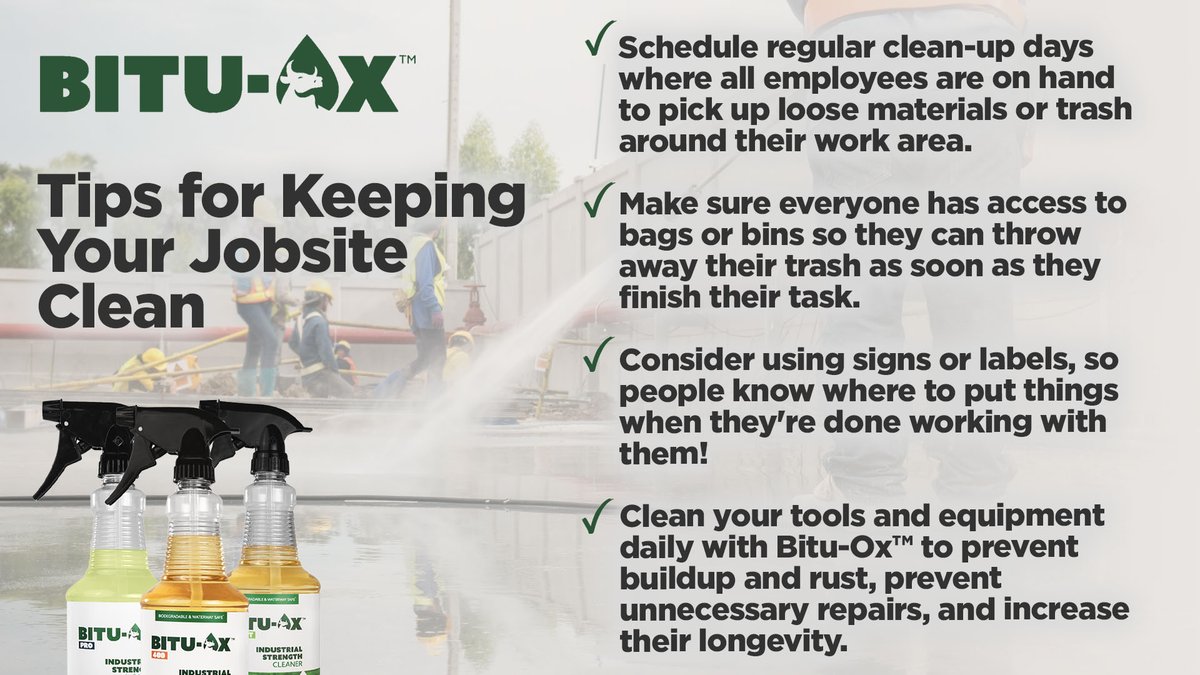 BituOX's tweet photo. A clean jobsite means a safer, more efficient, and more productive jobsite. A dirty site can lead to injuries and accidents. https://t.co/9MP3VF16k6
