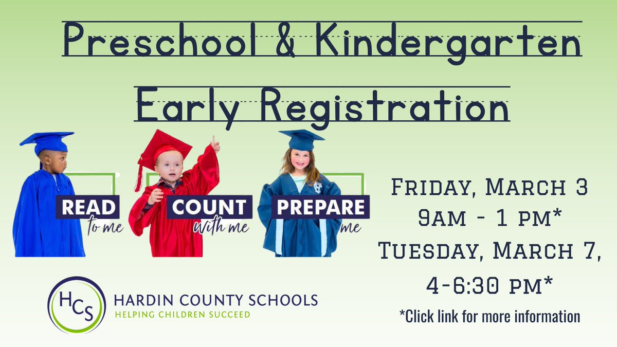 HardinCoSchools's tweet photo. Preschool &amp; Kindergarten Early Registration is THIS FRIDAY (MARCH 3, 2023) from 9 am to 1 pm.  It will also take place on Tuesday, March 7 from 4 to 6:30 pm.  Click the link for more information.  https://t.co/mrOkE2Rn5s  #HCSBetterTogether https://t.co/VasAyZW30T