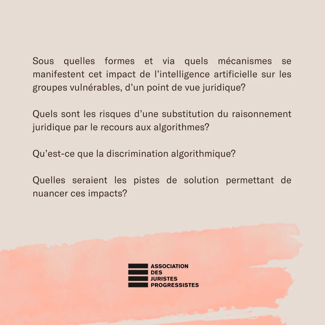 Nous vous présentons le dernier panel! 🥳️

Les #algorithmes à l’assaut des processus #décisionnels: Quels #impacts pour la justice sociale ?

Pour plus d'infos: ajpquebec.org/12e-colloque-a…

Pour acheter ton billet: eventbrite.ca/e/billets-12e-…