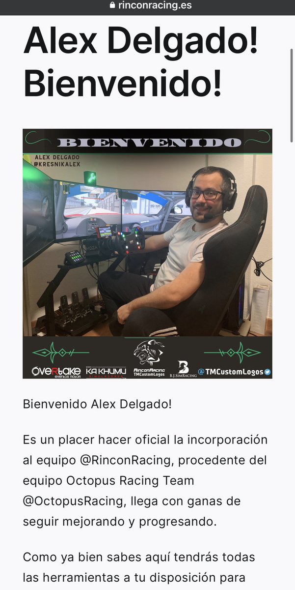 Blog!🏁

Alex Delgado <a href="/KresnikAlex/">Alex Delgado</a> , Bienvenido!🏁
Hacemos oficial la incorporación de Alex al team <a href="/RinconRacing/">RinconRacing TMCustomLogos</a>, con muchas ganas de seguir mejorando y alcanzando sus objetivos!
Debutara en la #LVNE!

Dentro blog en la web, donde nos cuenta cositas… 👇

rinconracing.es/alex-delgado-b…